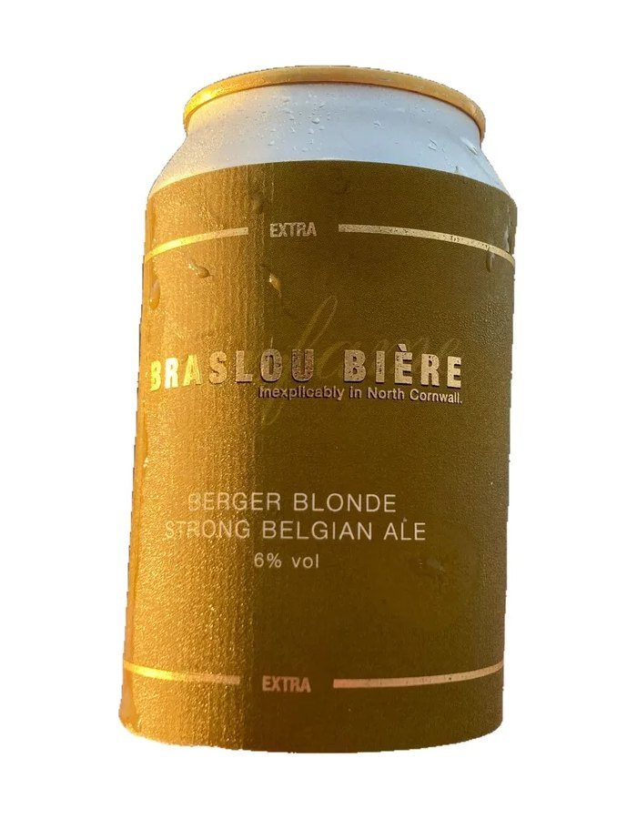 A can of Berger Blonde strong Belgian ale, gold label with foil lettering