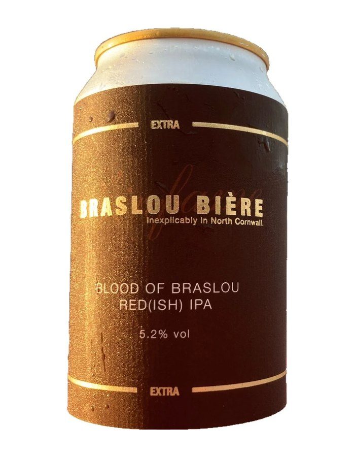 A can of Blood of Braslou Red(ish) IPA, deep copper label with gold foil lettering