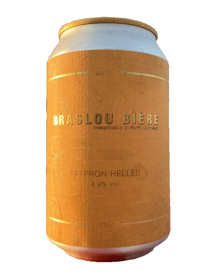 A can of Braslou Bi&egrave;re Saffron Helles, kraft label with gold foil lettering